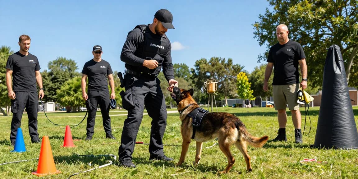 ROKOK88 K9 harness training scene outdoors with professional dog trainer and working dog.