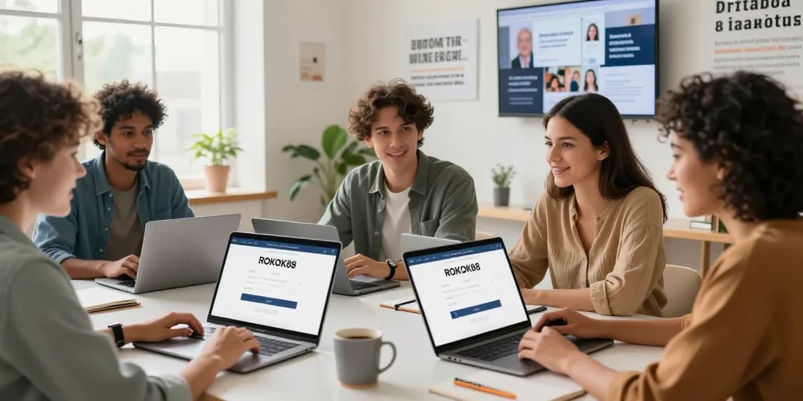 Collaborative workspace with ROKOK88 login interface, showcasing a vibrant digital environment for family income strategies.