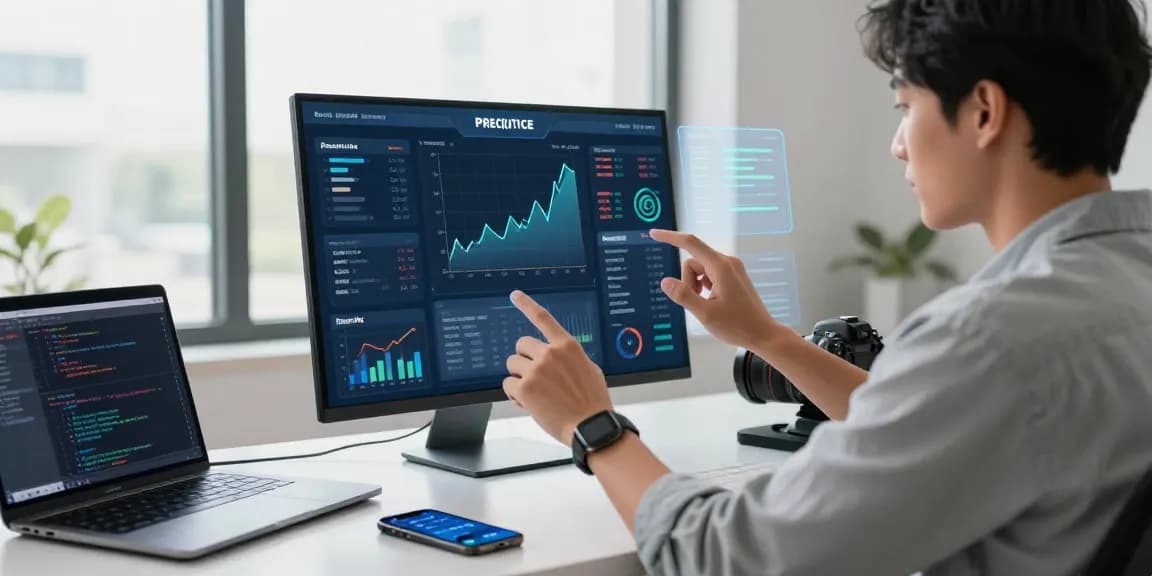 Pengguna berinteraksi dengan https://predictplay.io/ dalam ruang kerja futuristik, menampilkan analitik prediktif.