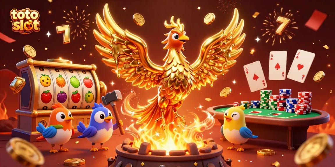 Memainkan toto slot dengan phoenix emas dan simbol jackpot yang menarik.