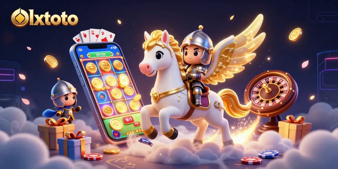 Menangkan permainan slots di olxtoto dengan ilustrasi kuda putih bersayap emas dan elemen kasino.