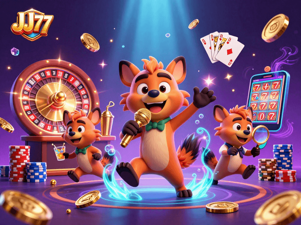 Experience the vibrant JJ77 comedy casino scene with hyenas enjoying games and drinks.