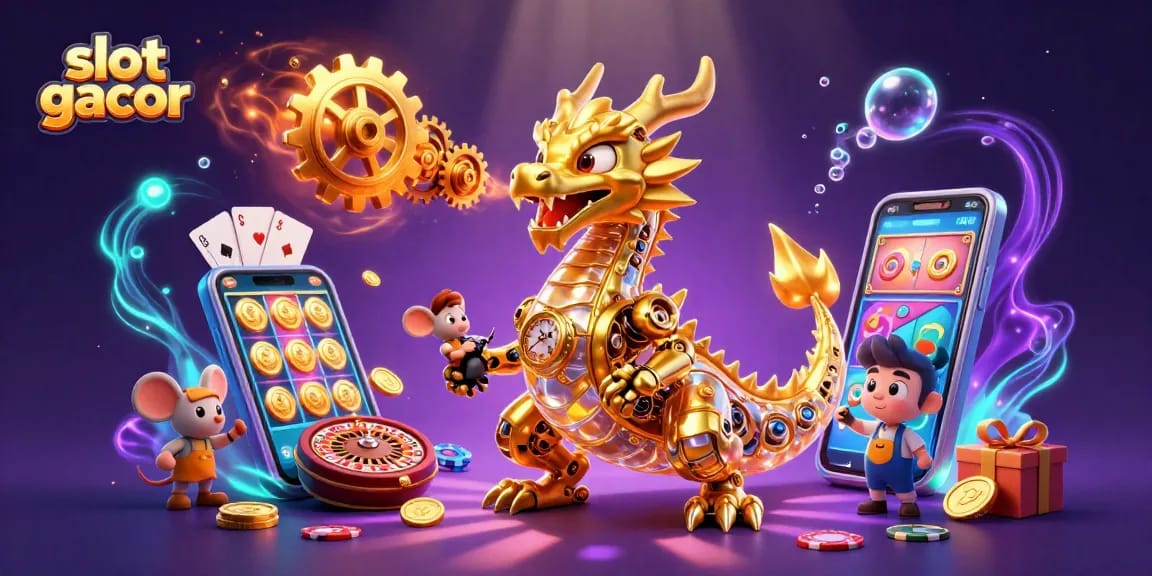 Menangkan slot gacor dengan ilustrasi naga emas biomekanik dan elemen kasino yang menarik.