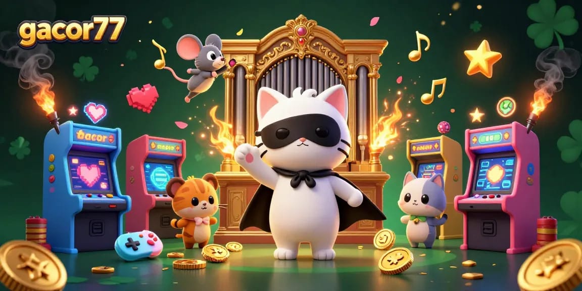 Permainan gacor77 menampilkan kucing putih bergaya Phantom of the Opera di kasino digital yang megah.
