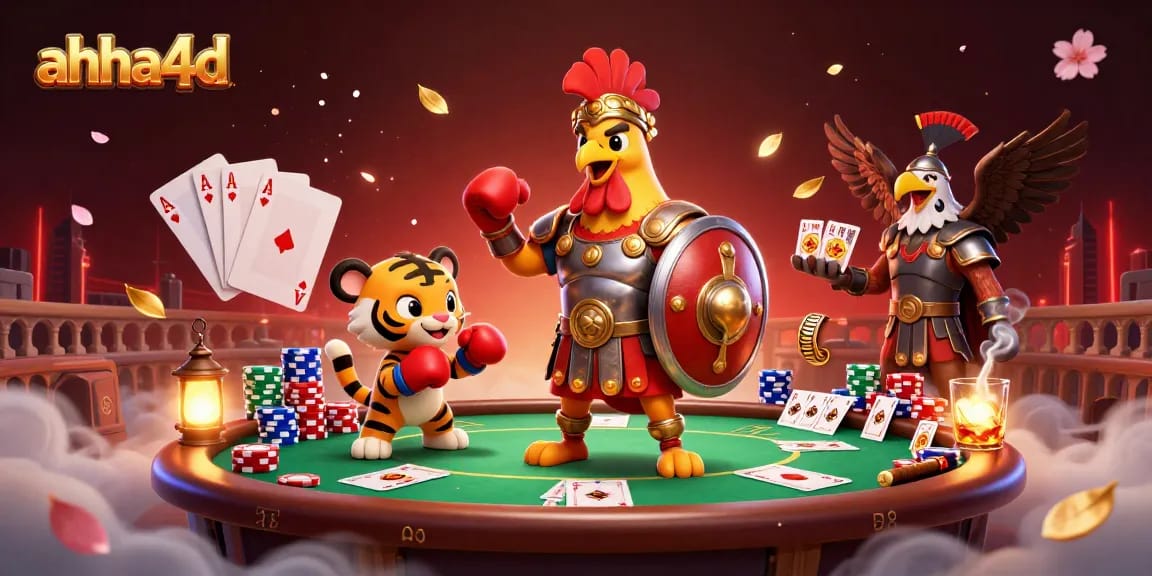 Menghadapkan strategi bertaruh dengan ahha4d, ayam petarung dan meja poker berisi chip.