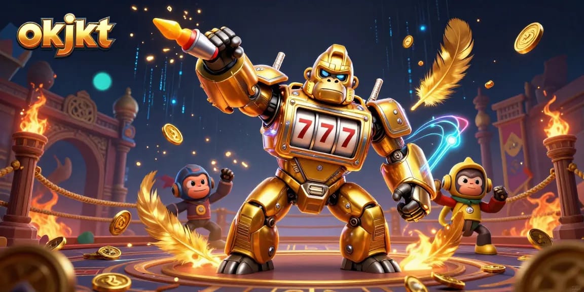Dengan menggunakan okjkt, gorila emas mekanik bertempur di arena kasino dengan simbol slot dan koin berkilau.