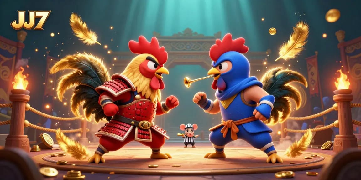 JJ77 offers thrilling betting action with fighting roosters in a dramatic standoff