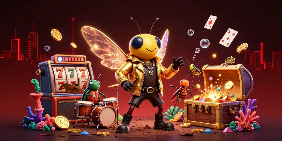 PK67 casinos feature a vibrant scene of a cicada rock star and beetle drummer amidst floating playing cards.