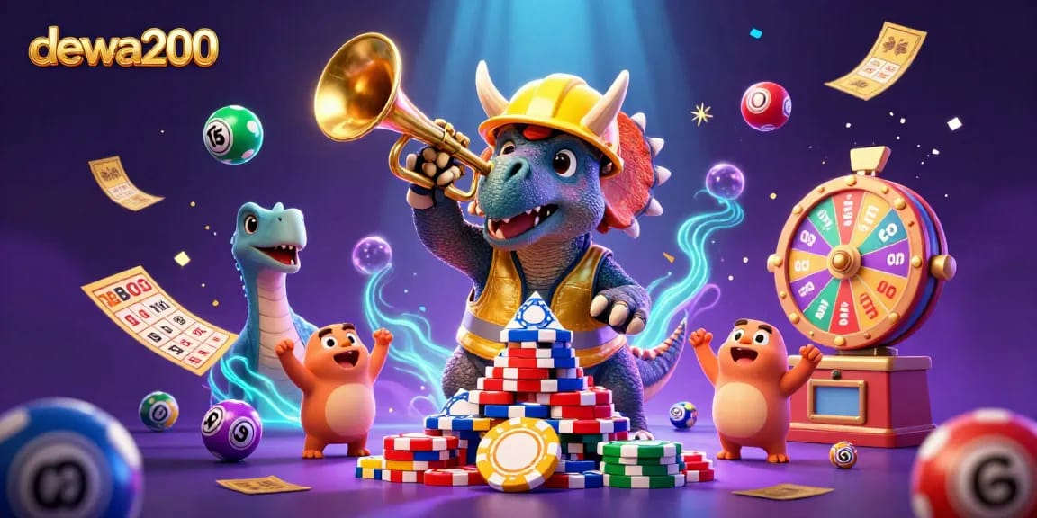 Menghadirkan keseruan dewa200 dalam ilustrasi 3D dengan karakter dino yang sedang membangun piramida chip poker.
