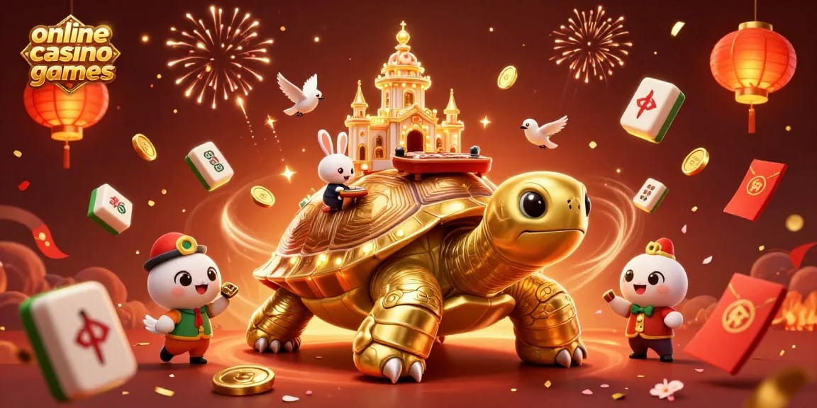 Engage in exciting online casino games with a magical 3D illustration of a casino tortoise and energetic game elements.