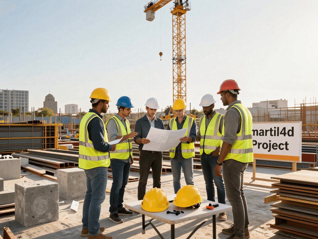 Tim proyek martil4d dengan pekerja konstruksi berkolaborasi di lokasi pembangunan