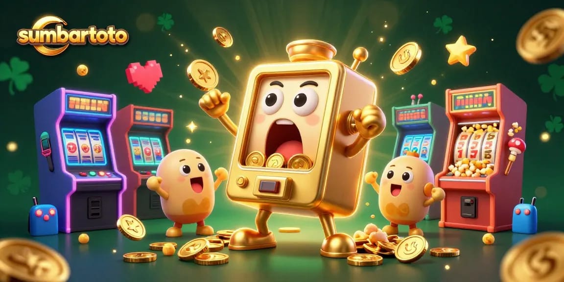 Bocoran game mobile paling gacor di sumbartoto dengan mesin slot emas yang terkejut saat memenangkan jackpot dan koin berhamburan.