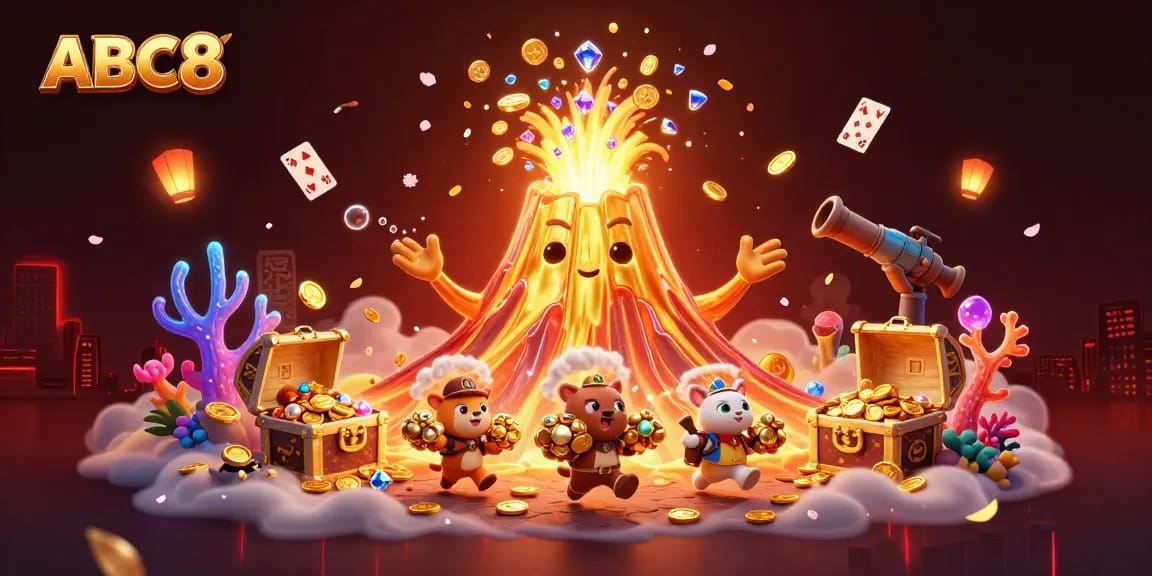Join the excitement at ABC8 with a triumphant volcano erupting treasure in this captivating casino scene.