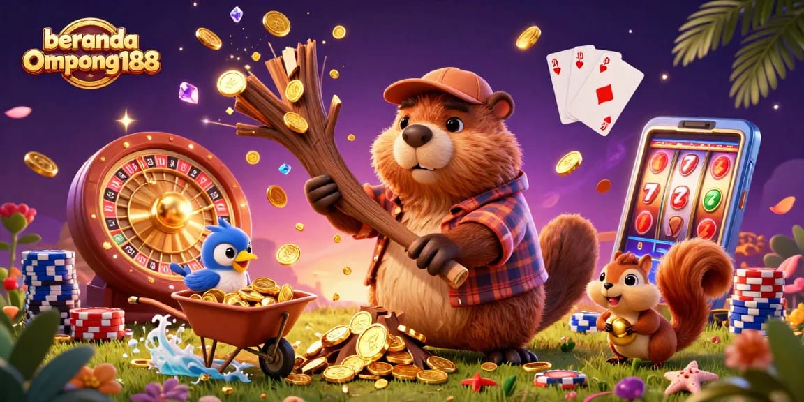 Beranda Ompong188 menampilkan ilustrasi kartun 3D dengan karakter menarik di kasino.