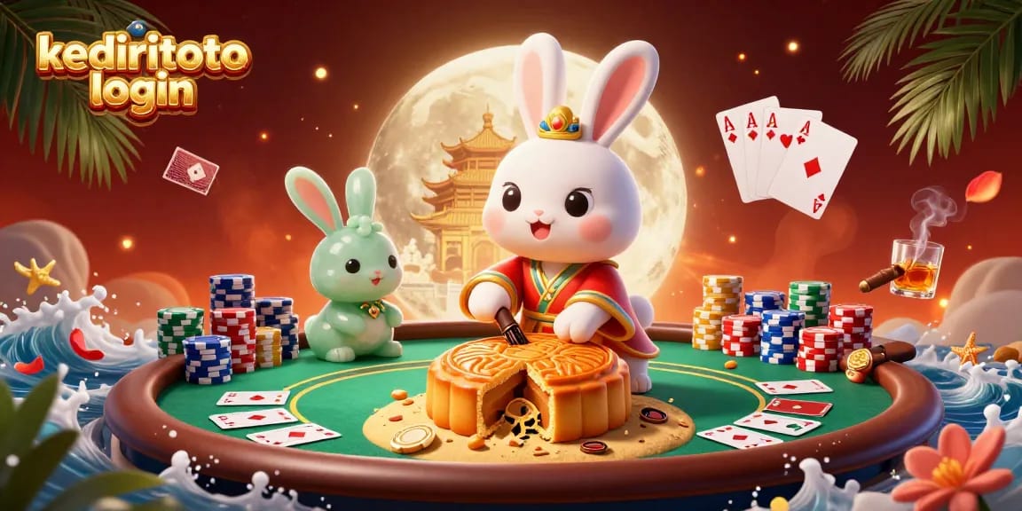 Permainan poker menarik dengan kediritoto login di ilustrasi kasino 3D, menampilkan kelinci bulan dan koin emas.