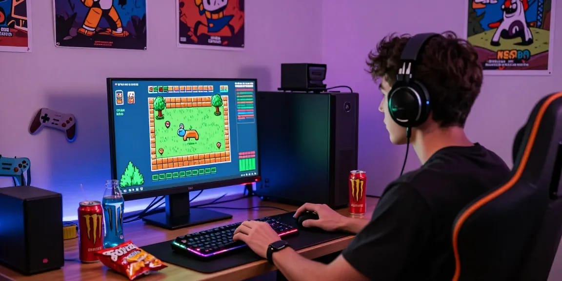 Permainan online lazadatoto klasik dengan antarmuka cerah, gamer menggunakan headset dan keyboard RGB.