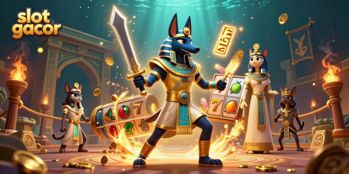Embark on an adventure with slot gacor as Anubis and Bastet amidst golden coins and vibrant slot reels.