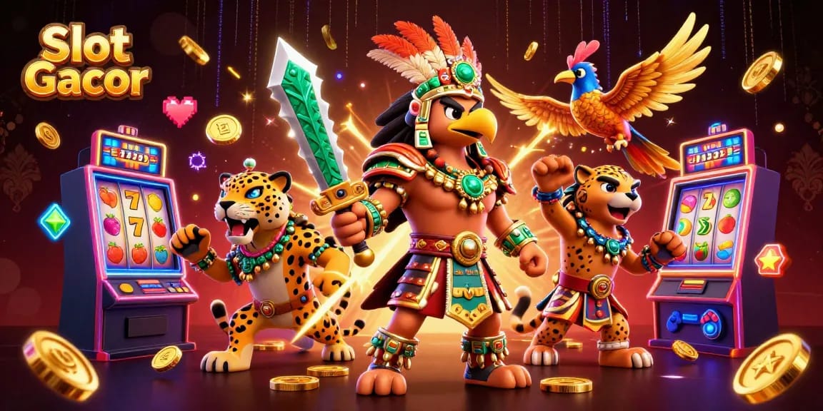 Slot Gacor menghadirkan petualangan slot dengan simbol keberuntungan dan karakter keren dalam ilustrasi 3D.