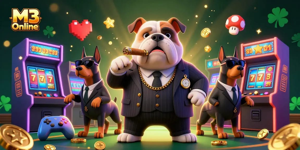 M3 Online's mafia-themed slots illustration featuring vibrant 3D characters and casino elements.