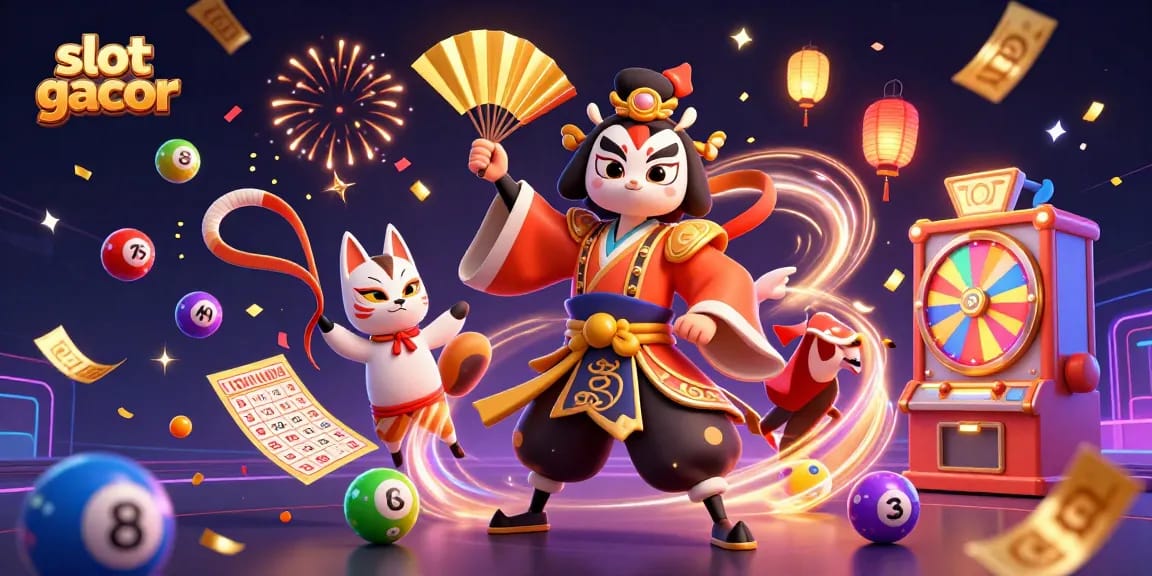 Experience thrilling slot gacor action as vibrant lottery balls and golden tickets create an engaging casino illustration.