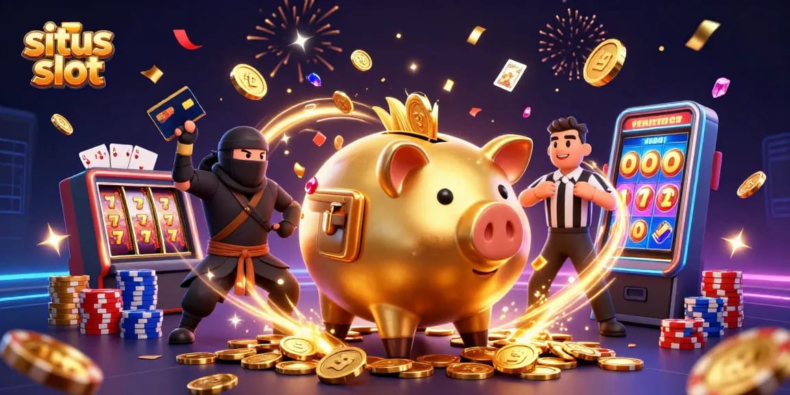 Engage with the situs slot experience, featuring a whimsical golden piggy bank sumo wrestler amid dazzling casino elements.