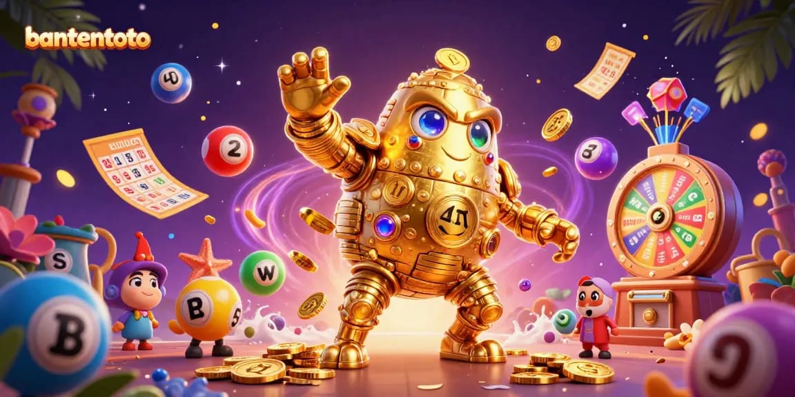 Memenangkan hadiah togel di bantentoto dengan bola lotere berwarna dan simbol mesin slot bergerak.