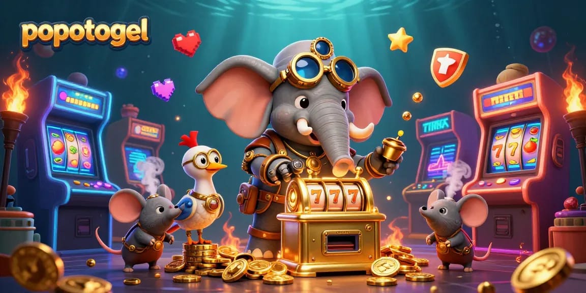 Play exciting slot games with Popotogel while exploring vibrant casino elements in a 3D immersive scene.
