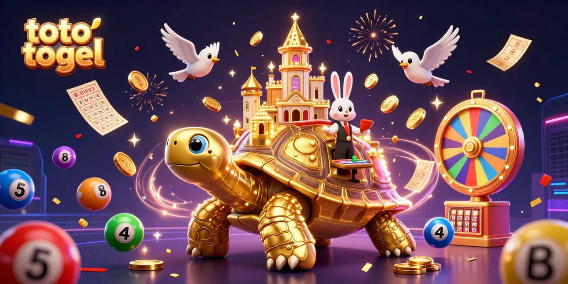 Menangkan toto togel dengan gambar kuda beruang di kasino miniatur emas, meriah dengan bola lotere.