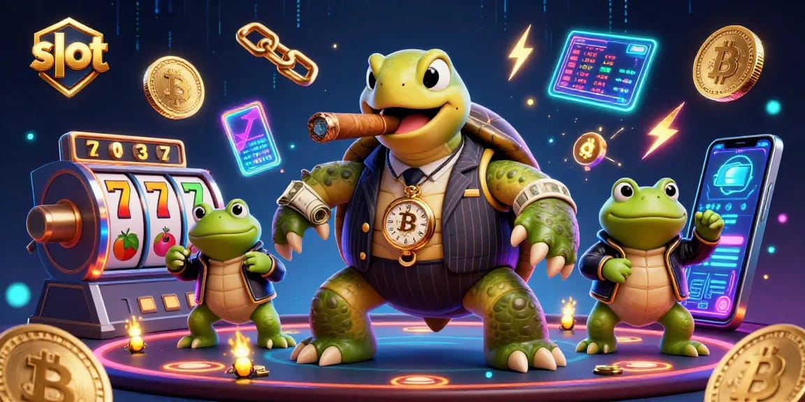 Spin to win at the slot game with a massive snapping turtle and bullfrog enforcers illuminating the casino floor.