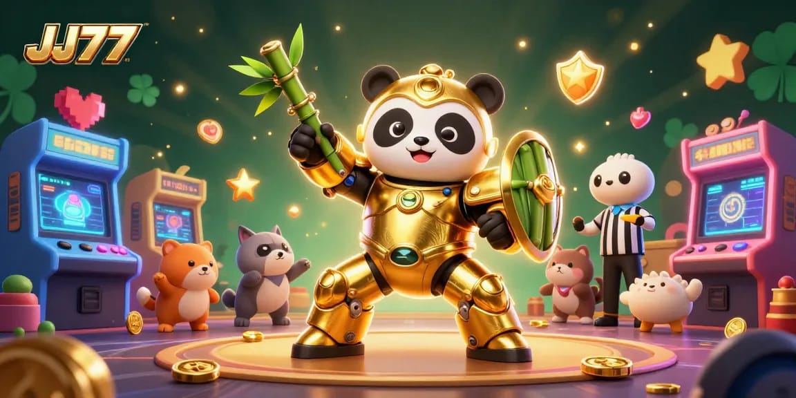 Win big with JJ77's colorful 3D gaming scene featuring slots and arcade machines, highlighting thrilling gameplay.