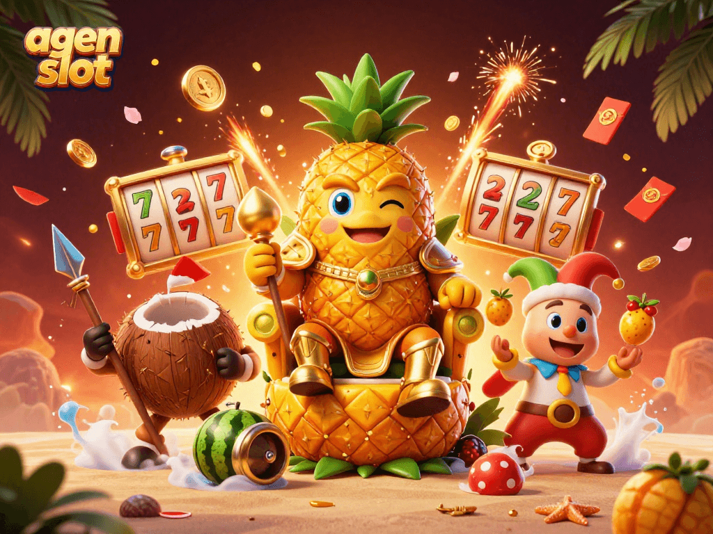 Memenangkan agen slot dengan karakter kartun dan elemen kasino yang berwarna-warni di pantai.