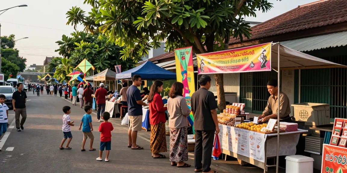 Kerumunan di pasar lokal Indonesia, menampilkan Leci123 dan kerajinan tangan yang menghangatkan suasana.