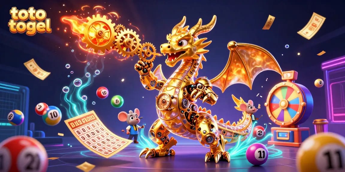 Menangkan toto togel dengan ilustrasi 3D naga emas dan bola lotere berwarna-warni yang memukau.