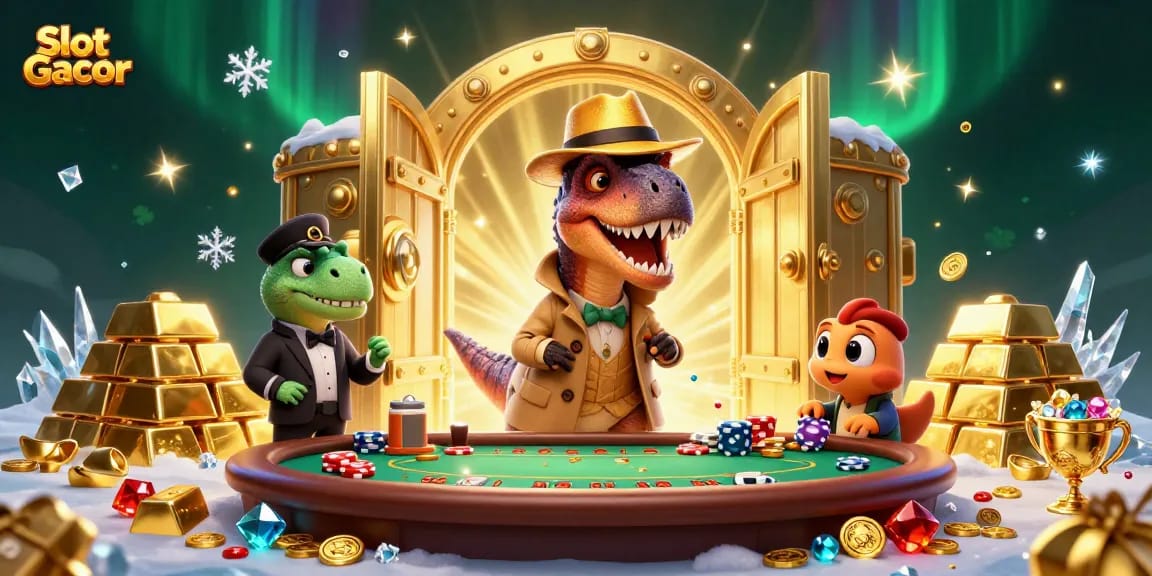 Menangkan Slot Gacor dengan gambar ilustrasi 3D yang kaya elemen kasino, menarik peluang dan harta berkilauan.