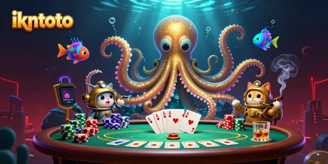 Experience the thrill of ikntoto with a 3D kraken and poker elements in a dynamic scene.