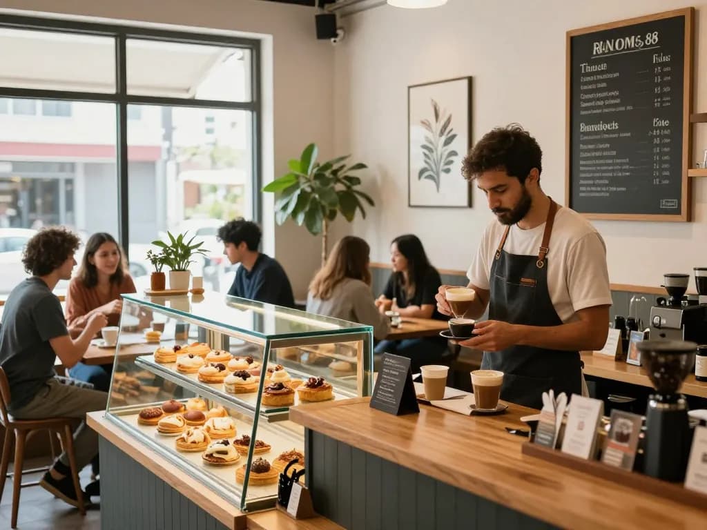 Delicious gourmet coffee and pastries in a RANDOM88 café atmosphere.
