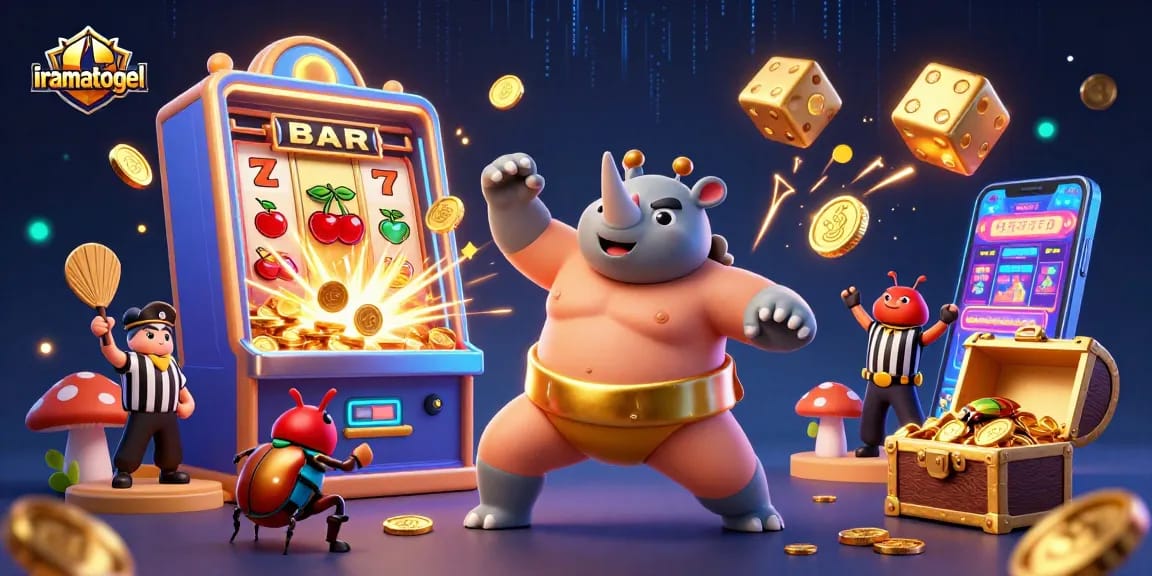 ilustrasi permainan iramatogel yang menampilkan juara kumbang badak sumo dengan koin terbang di sekelilingnya