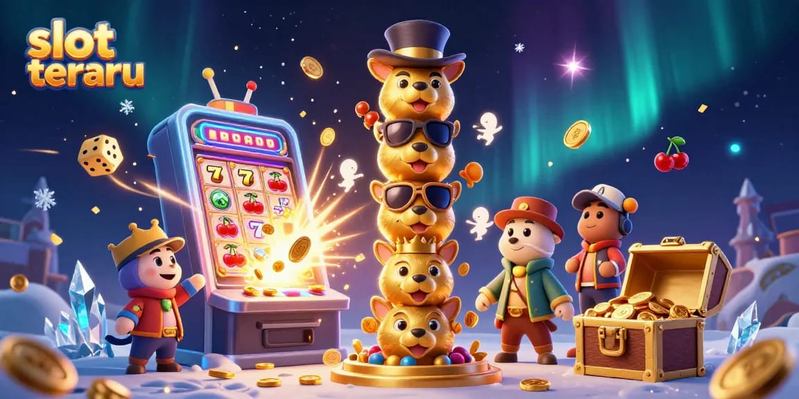 Experience the excitement of slot terbaru with a dynamic 3D illustration showcasing a golden totem pole, slot machine jackpot, and festive casino elements.