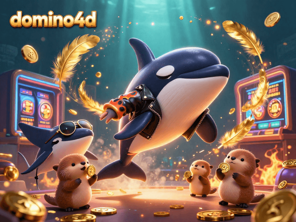 Menangkan jackpot di domino4d! Ilustrasi orca, stingray, dan berang-berang laut mencari koin emas di kasino.
