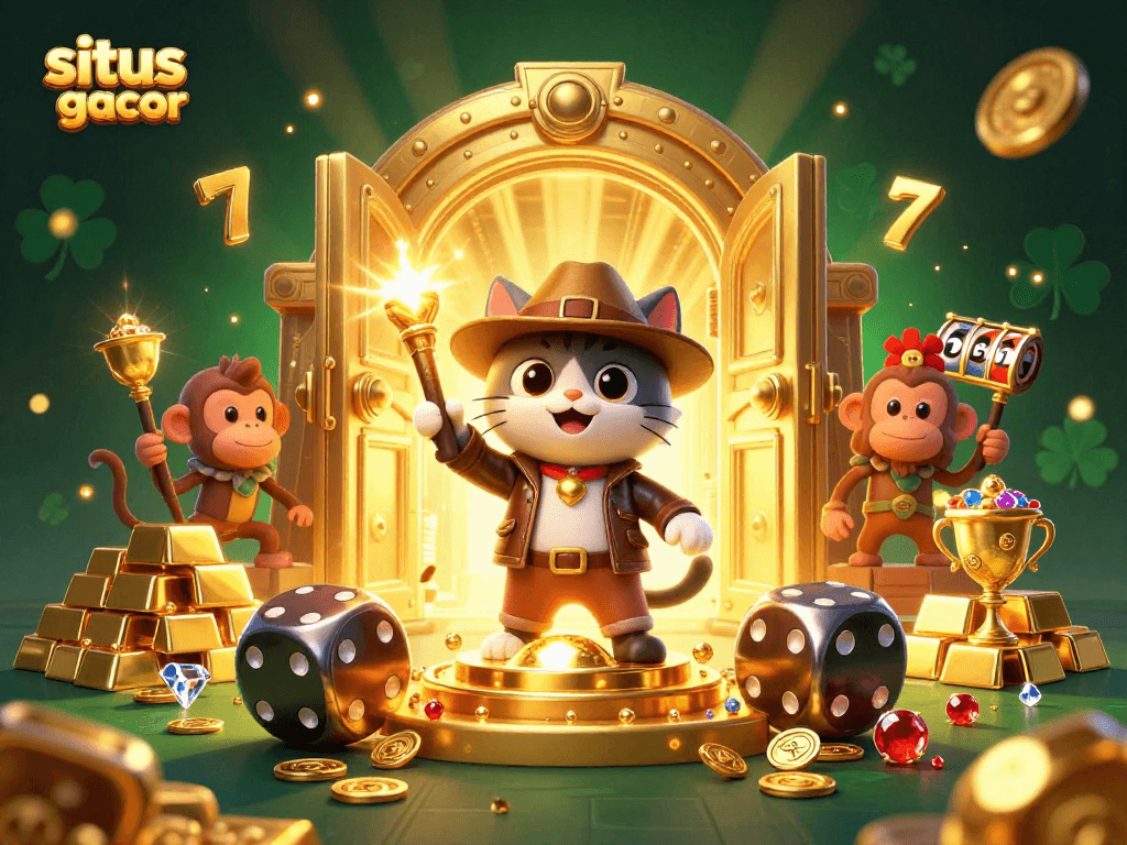 Engage in gaming action at situs slot gacor with a vibrant 3D illustration of an archaeologist cat and monkey in a treasure temple.