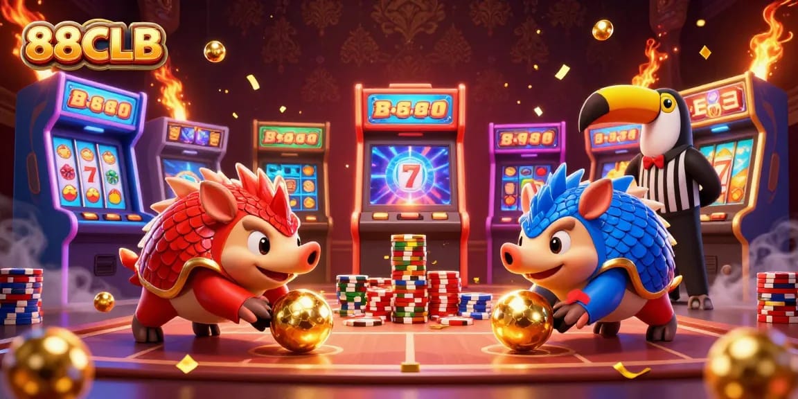 Experience thrilling gameplay with 88CLB in this vibrant casino illustration featuring energetic pangolins.