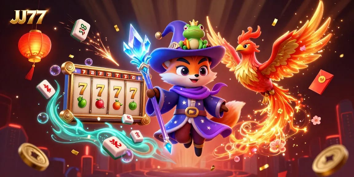 Experience the thrills of JJ77 with 3D illustrated casino elements and enchanting characters.