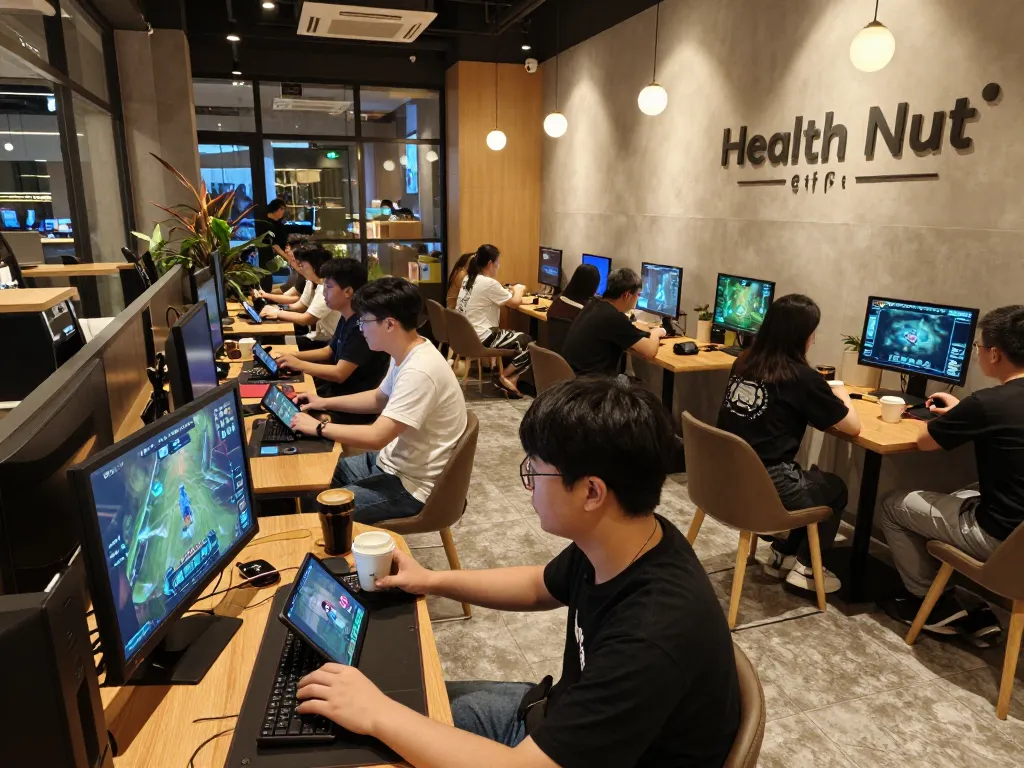 Kaisar 888 players enjoying interactive game experience at stylish Health Nut Cafe while sipping coffee.