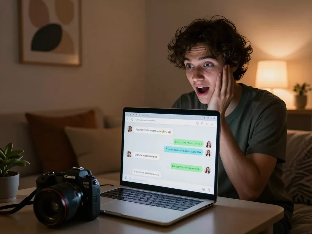 Engaging in NSFW AI chat on a sleek laptop in a cozy, dimly lit room.