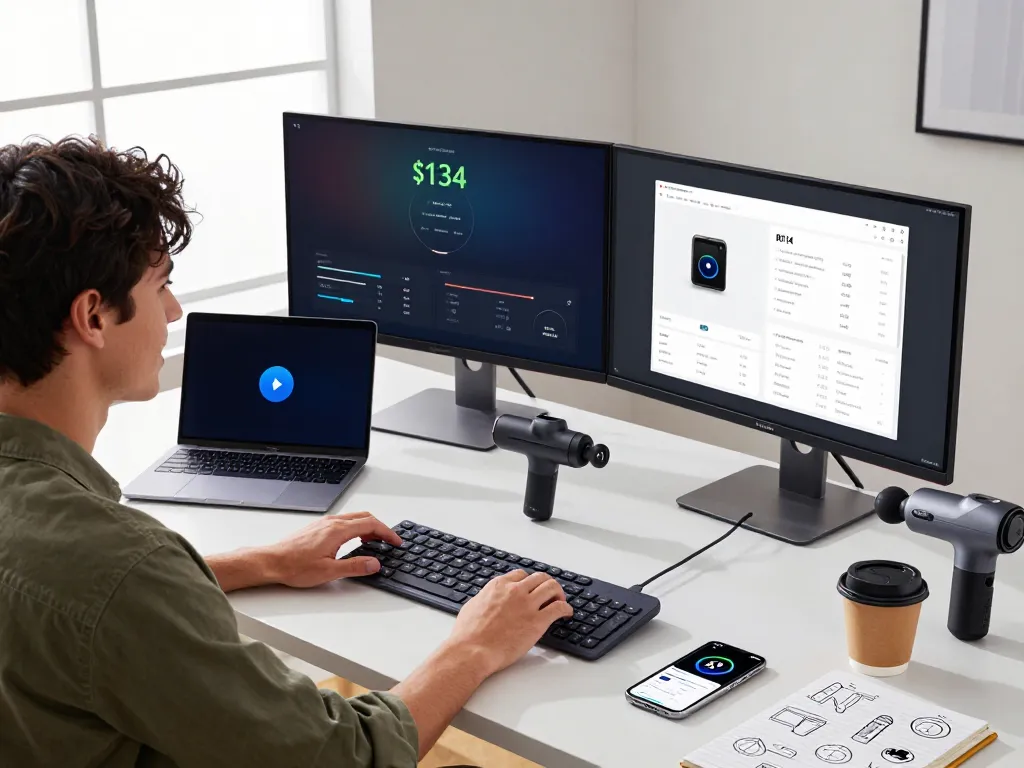 Engaging workspace with cool tech gadgets under $134 showcasing Bluetooth devices and a tech-savvy atmosphere.