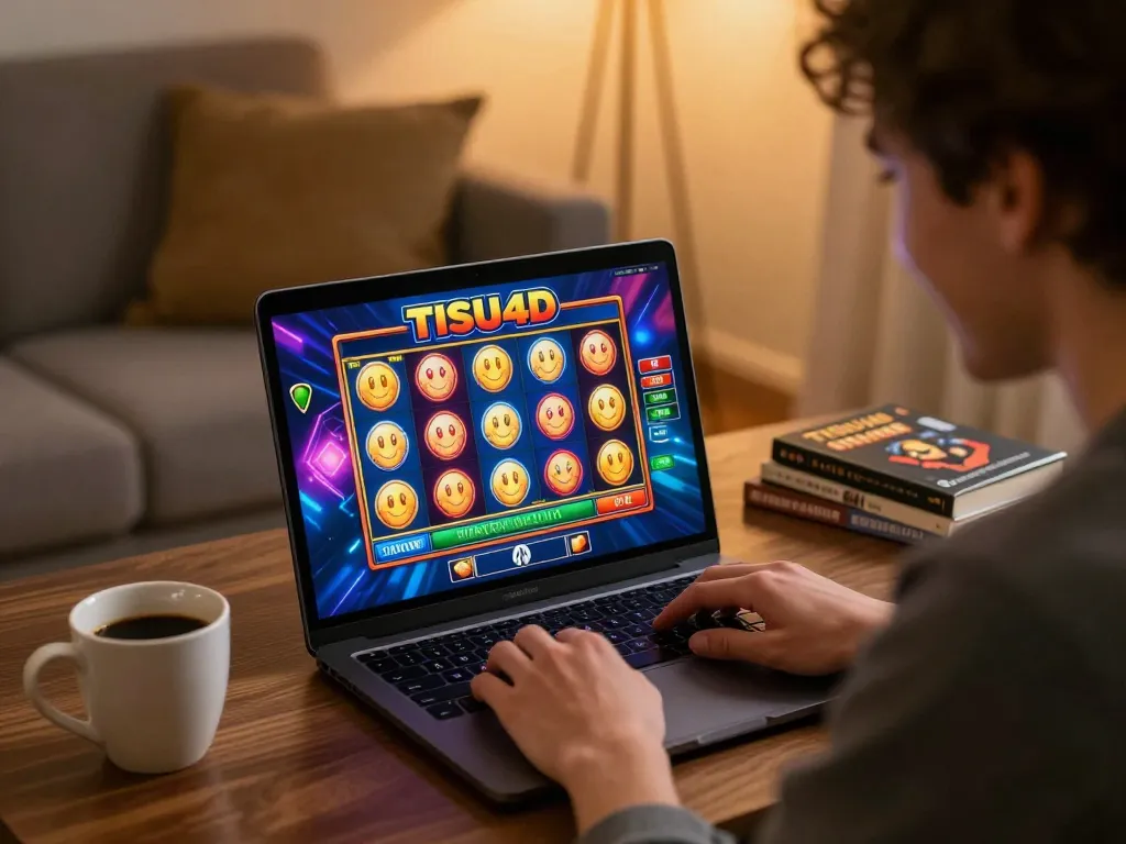 Pemain yang terlibat menikmati slot online TISU4D di pengaturan rumah yang nyaman, fokus pada permainan strategis