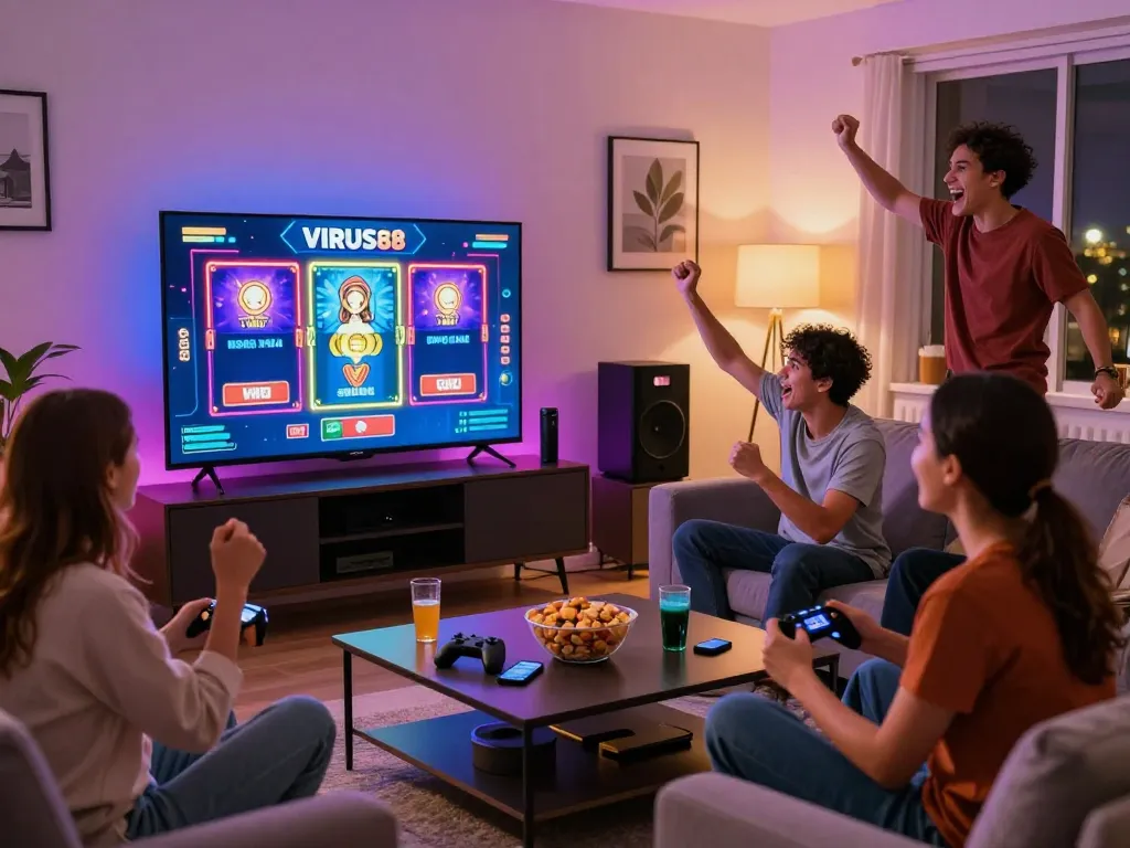 Malam bermain yang mengasyikkan dengan teman-teman menikmati permainan slot VIRUS88 di ruang tamu yang penuh warna.