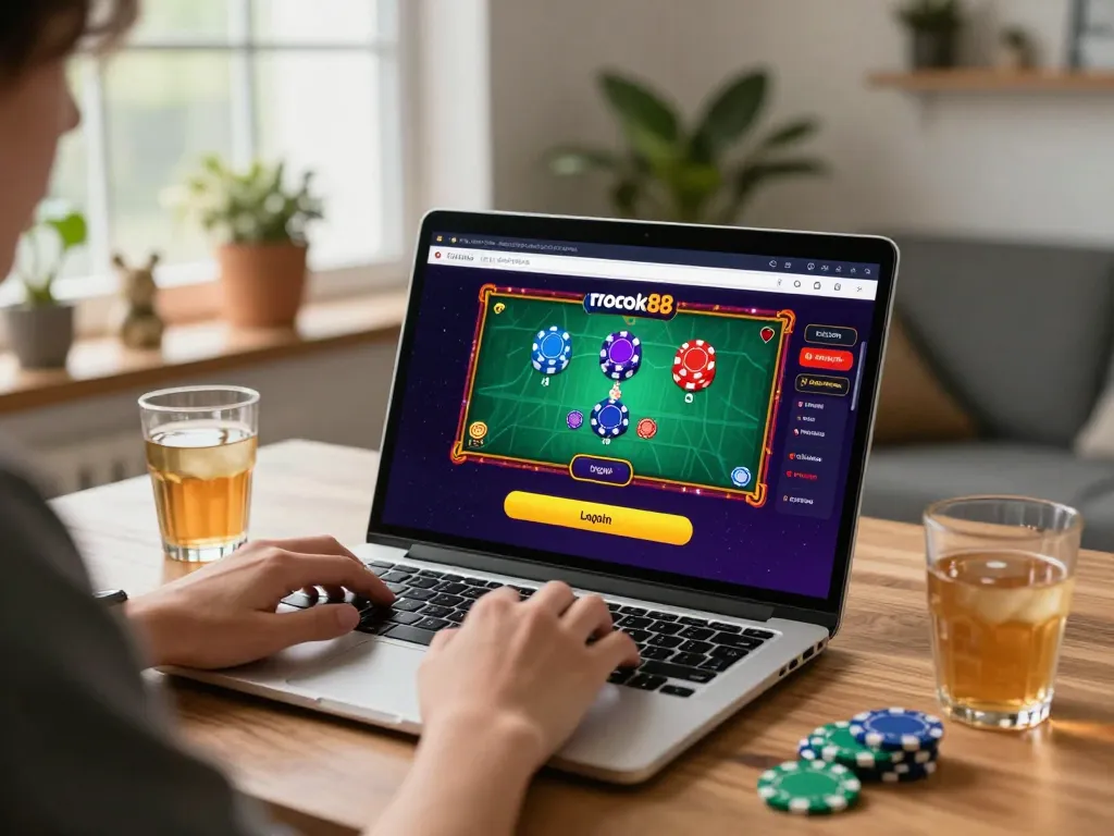 rokok88 login at a vibrant online gaming setup, showing a player engaged with casino games on a laptop