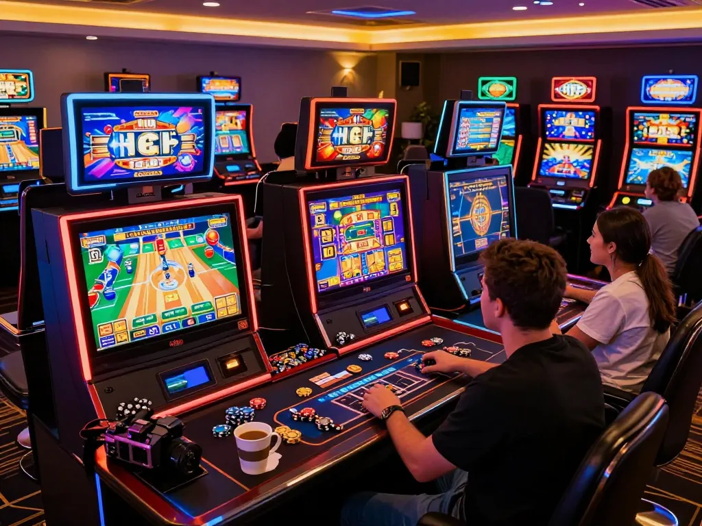Engaged player strategizing for better odds at lc88 online casino game with vibrant display of slot machines.