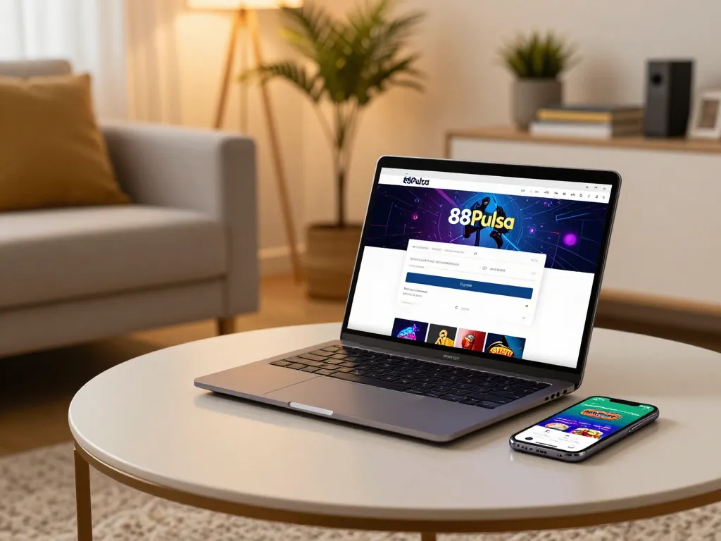 Terlibat dalam permainan online dan login 88Pulsa di setup rumah yang stylish dengan laptop dan smartphone.